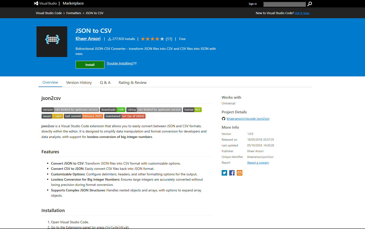 JSON to CSV Extension